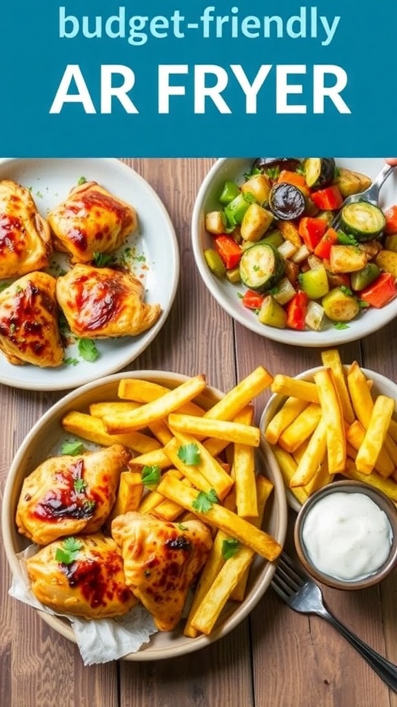A colorful assortment of air fryer meals featuring chicken thighs, roasted vegetables, and French fries on a wooden table.
